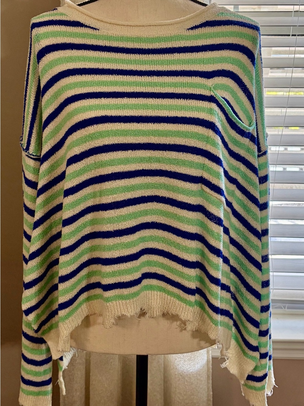 Peach Love California Striped Crewneck Sweater in Blue, Green & Cream